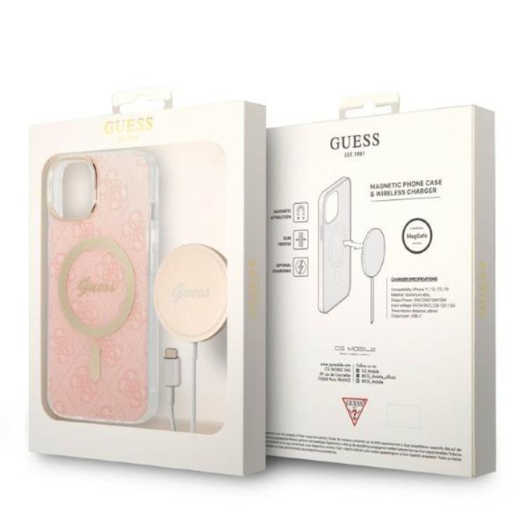 Guess GUESS iPhone 14 Plus Magsafe Skal Print + Trådlös Laddare - Rosa