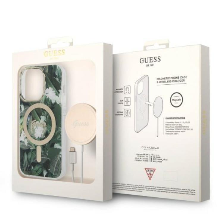 Guess GUESS iPhone 14 Pro Magsafe Skal Jungle + Trådlös Laddare - Grön