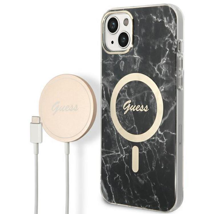 Guess GUESS iPhone 14 Magsafe Skal Marble + Trådlös Laddare - Svart