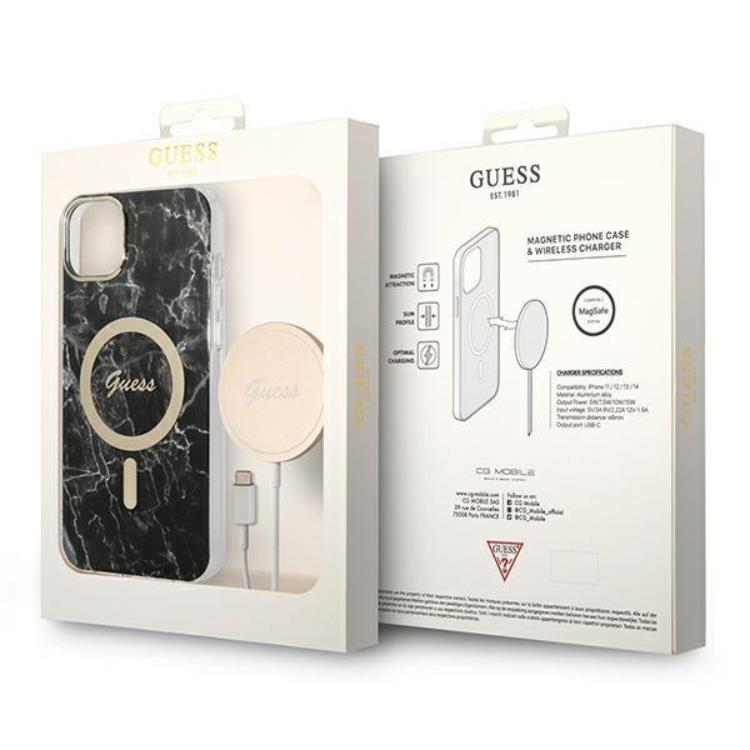 Guess GUESS iPhone 14 Magsafe Skal Marble + Trådlös Laddare - Svart