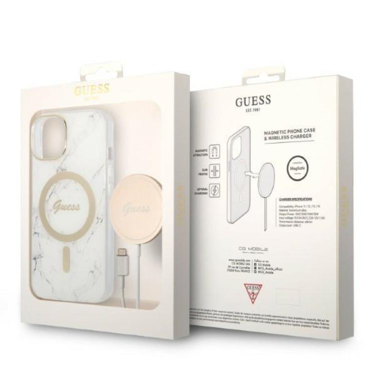 Guess GUESS iPhone 14 Magsafe Skal Marble + Trådlös Laddare - Vit