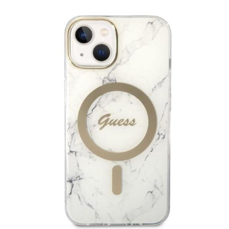 Guess GUESS iPhone 14 Magsafe Skal Marble + Trådlös Laddare - Vit