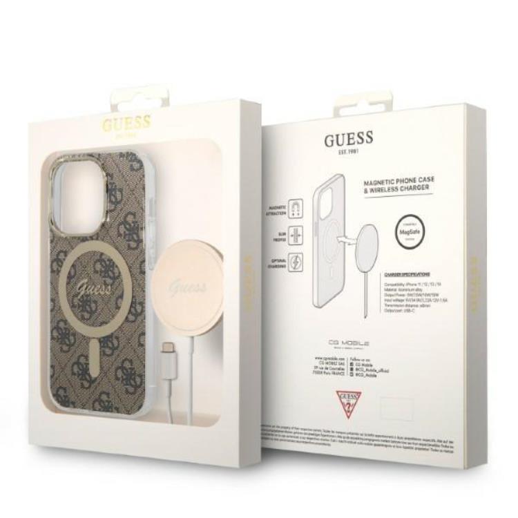 Guess GUESS iPhone 14 Pro Max Magsafe Skal Print + Trådlös Laddare - Brun