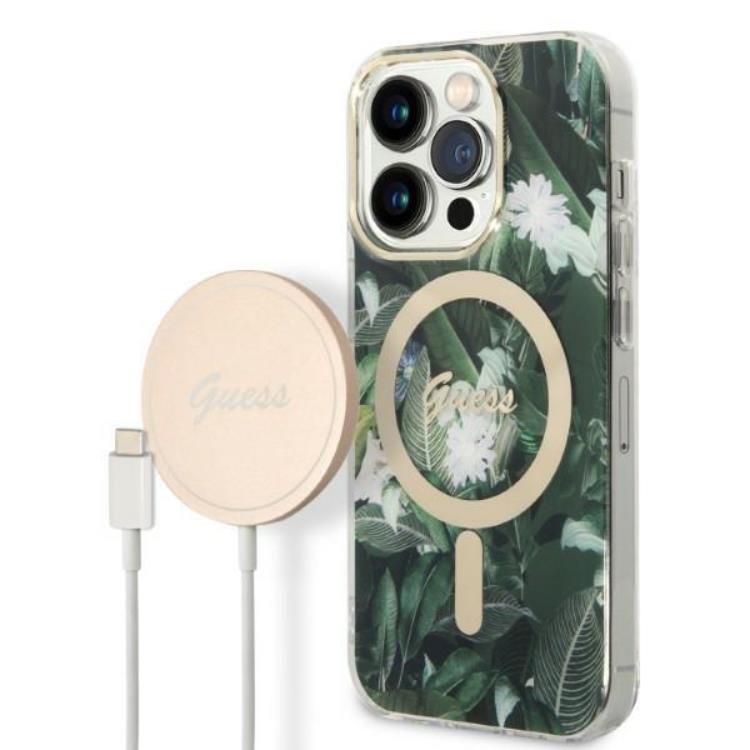 Guess GUESS iPhone 14 Pro Max Magsafe Skal Jungle + Trådlös Laddare - Grön