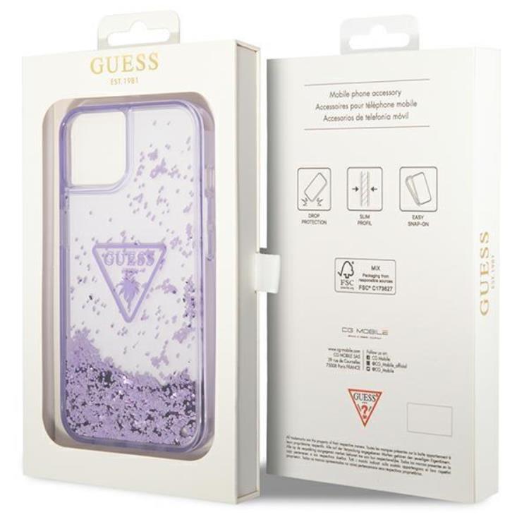 Guess GUESS iPhone 14 Plus Skal Liquid Glitter Palm Collection - Lila