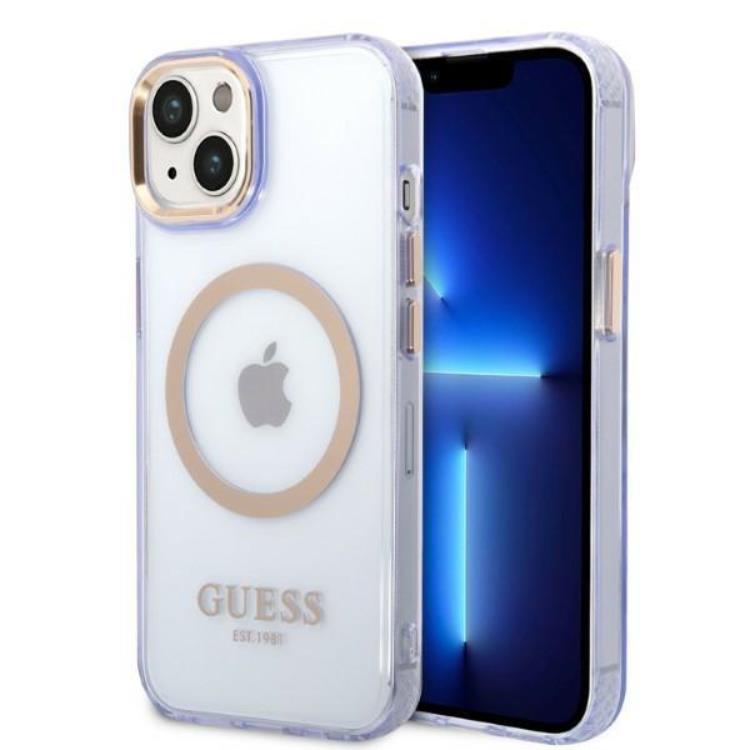 Guess GUESS iPhone 14 Skal MagSafe Gold Outline Translucent - Lila