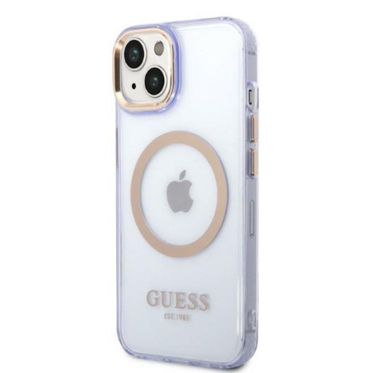 Guess GUESS iPhone 14 Skal MagSafe Gold Outline Translucent - Lila