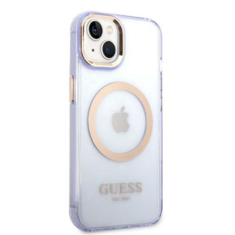 Guess GUESS iPhone 14 Skal MagSafe Gold Outline Translucent - Lila