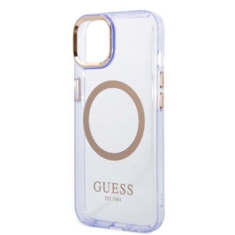 Guess GUESS iPhone 14 Skal MagSafe Gold Outline Translucent - Lila