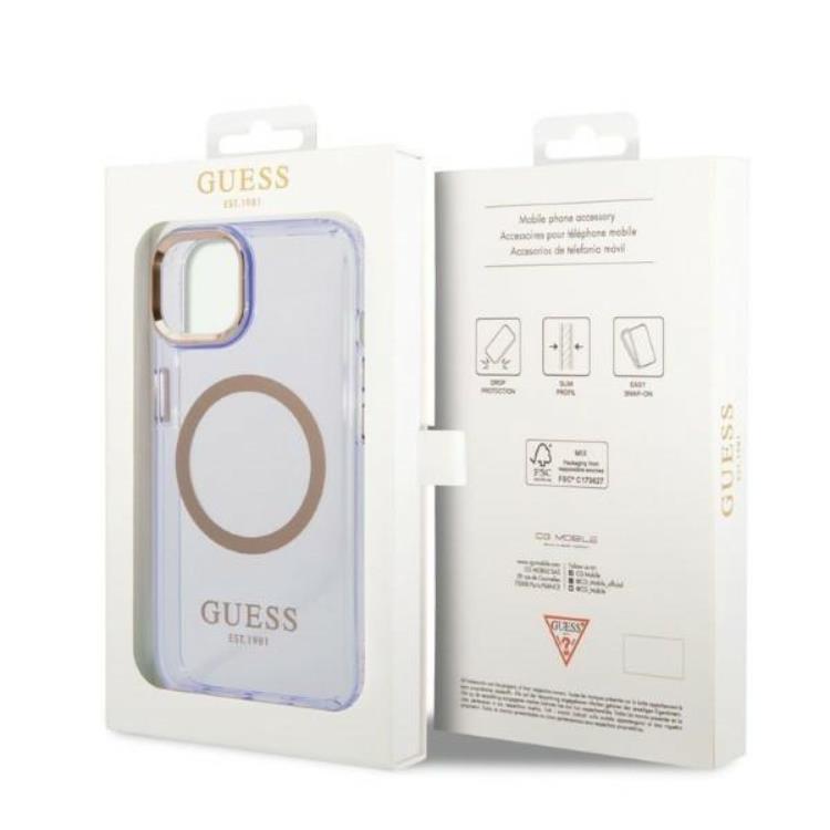 Guess GUESS iPhone 14 Skal MagSafe Gold Outline Translucent - Lila