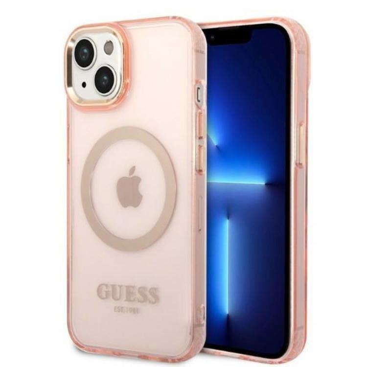 Guess GUESS iPhone 14 Plus Skal MagSafe Gold Outline Translucent - Rosa