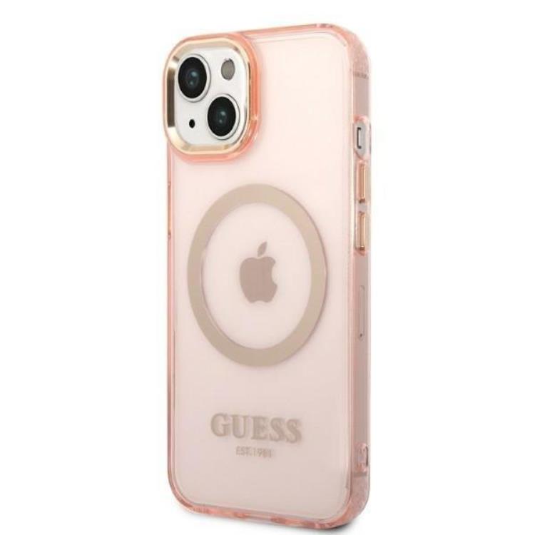 Guess GUESS iPhone 14 Plus Skal MagSafe Gold Outline Translucent - Rosa