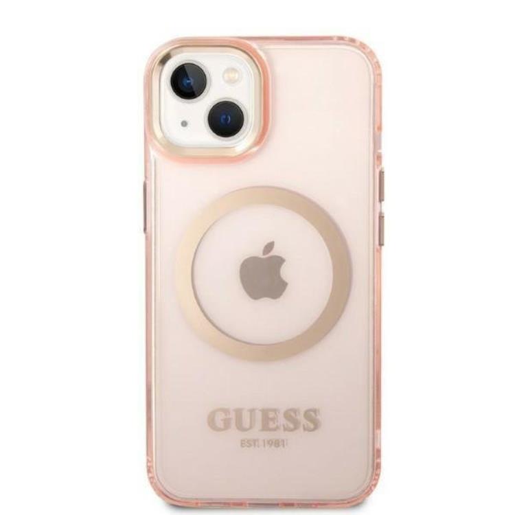 Guess GUESS iPhone 14 Plus Skal MagSafe Gold Outline Translucent - Rosa