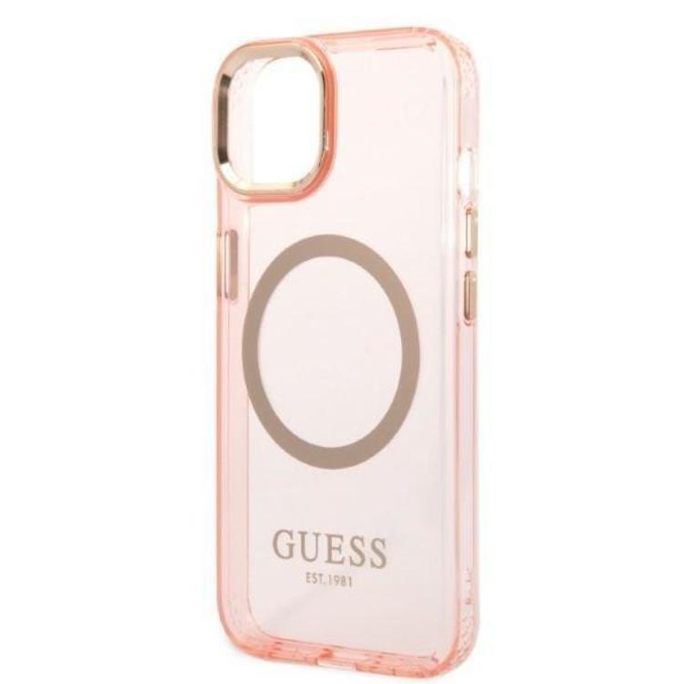 Guess GUESS iPhone 14 Plus Skal MagSafe Gold Outline Translucent - Rosa
