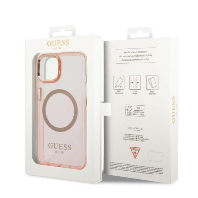 Guess GUESS iPhone 14 Plus Skal MagSafe Gold Outline Translucent - Rosa