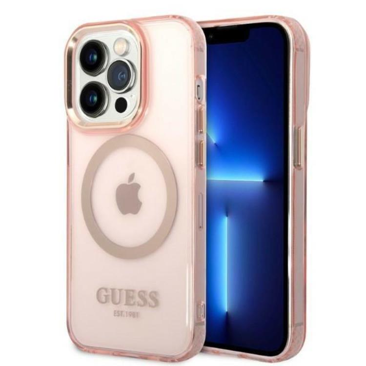 Guess GUESS iPhone 14 Pro Skal MagSafe Gold Outline Translucent - Rosa