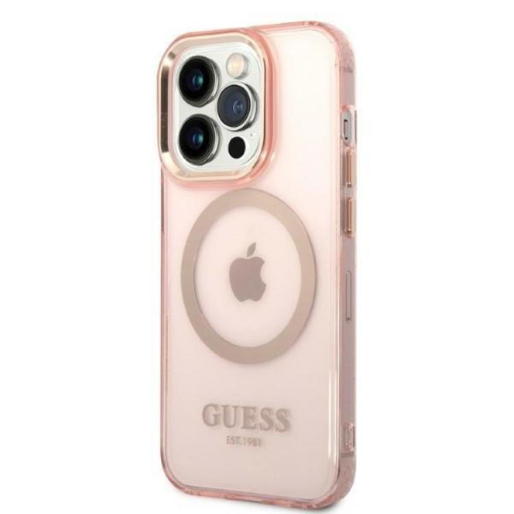 Guess GUESS iPhone 14 Pro Skal MagSafe Gold Outline Translucent - Rosa