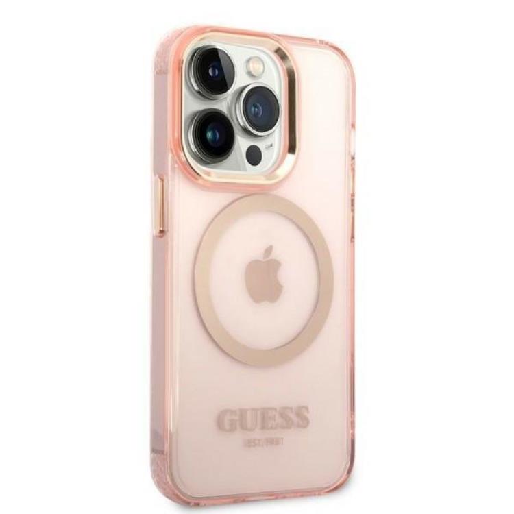 Guess GUESS iPhone 14 Pro Skal MagSafe Gold Outline Translucent - Rosa