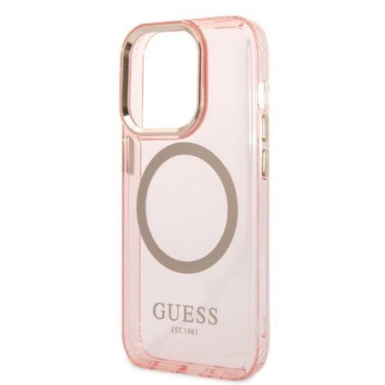 Guess GUESS iPhone 14 Pro Skal MagSafe Gold Outline Translucent - Rosa