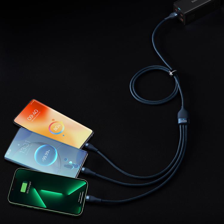 BASEUS Baseus 3in1 Flash Series USB-C/Micro-USB/Lightning 66W 480Mb/s 1.2m - Blå