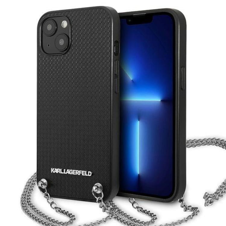 KARL LAGERFELD Karl Lagerfeld iPhone 13 mini Halsbandskal Läder Textured and Chain - Svart
