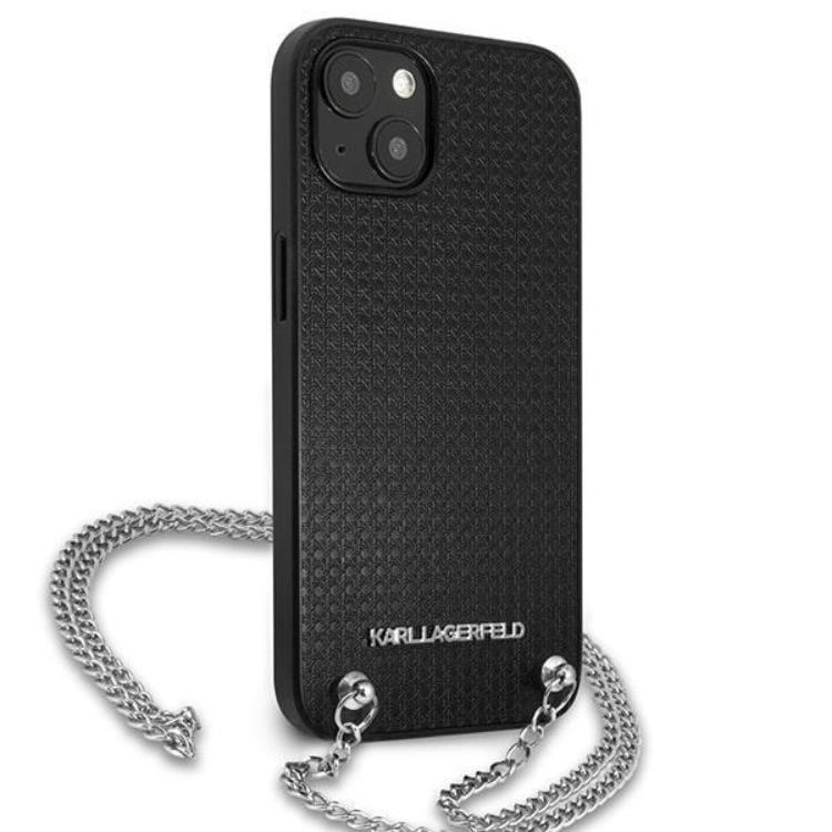 KARL LAGERFELD Karl Lagerfeld iPhone 13 mini Halsbandskal Läder Textured and Chain - Svart