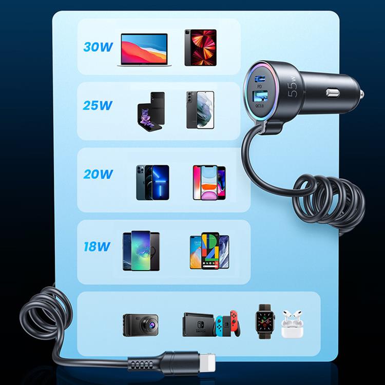 Joyroom Joyroom 3-i-1 Snabb Billaddare 45W med USB-C Kabel 1.5m - Svart