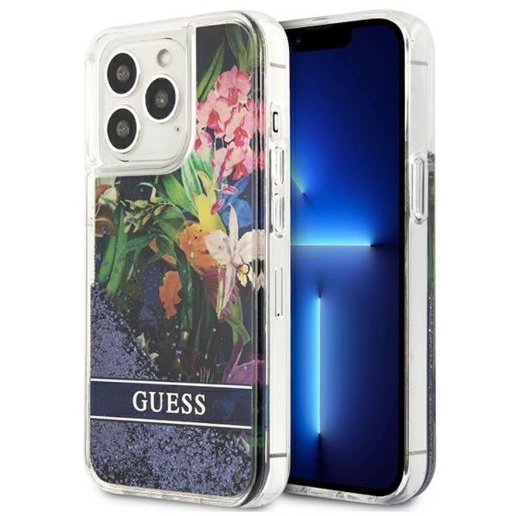 Guess Guess iPhone 13 Pro Skal Flower Liquid Glitter - Blå