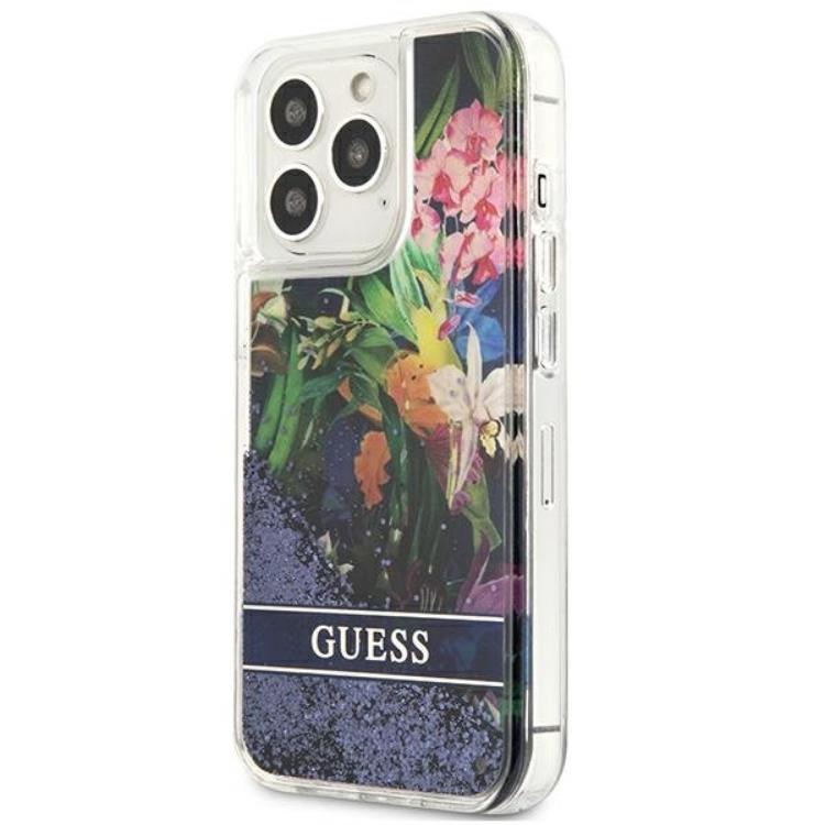 Guess Guess iPhone 13 Pro Skal Flower Liquid Glitter - Blå