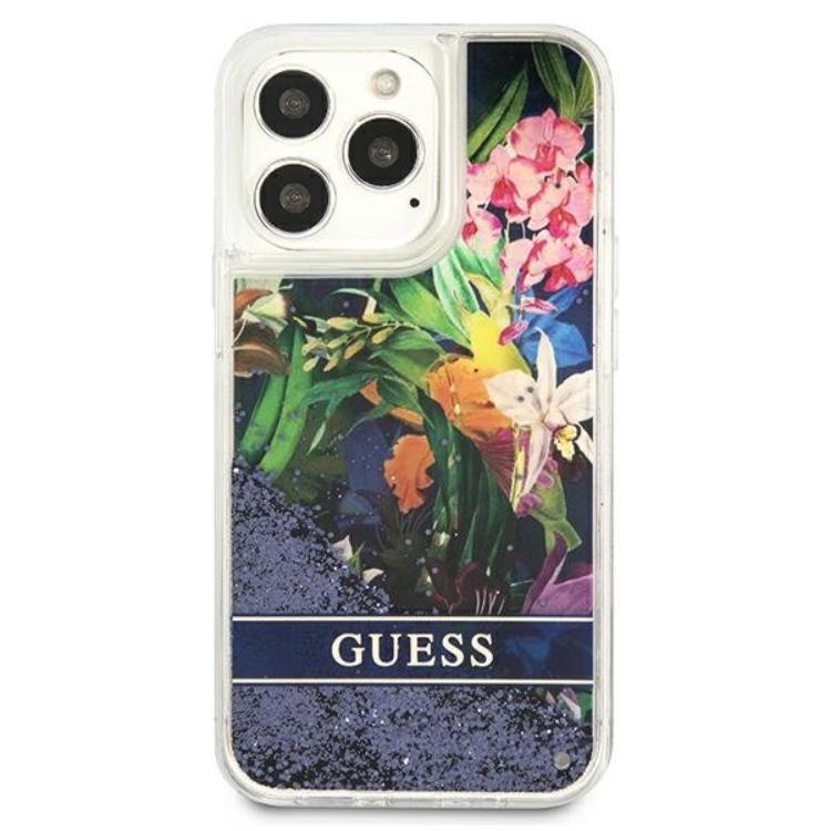 Guess Guess iPhone 13 Pro Skal Flower Liquid Glitter - Blå