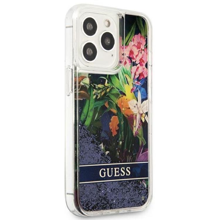 Guess Guess iPhone 13 Pro Skal Flower Liquid Glitter - Blå