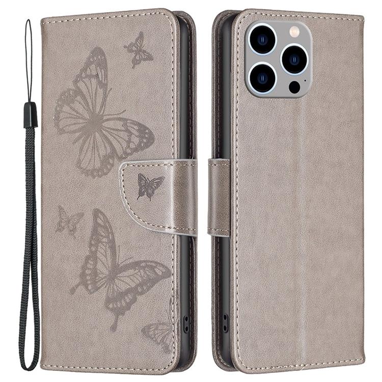 OEM iPhone 14 Pro Plånboksfodral Butterflies Imprinted - Grå