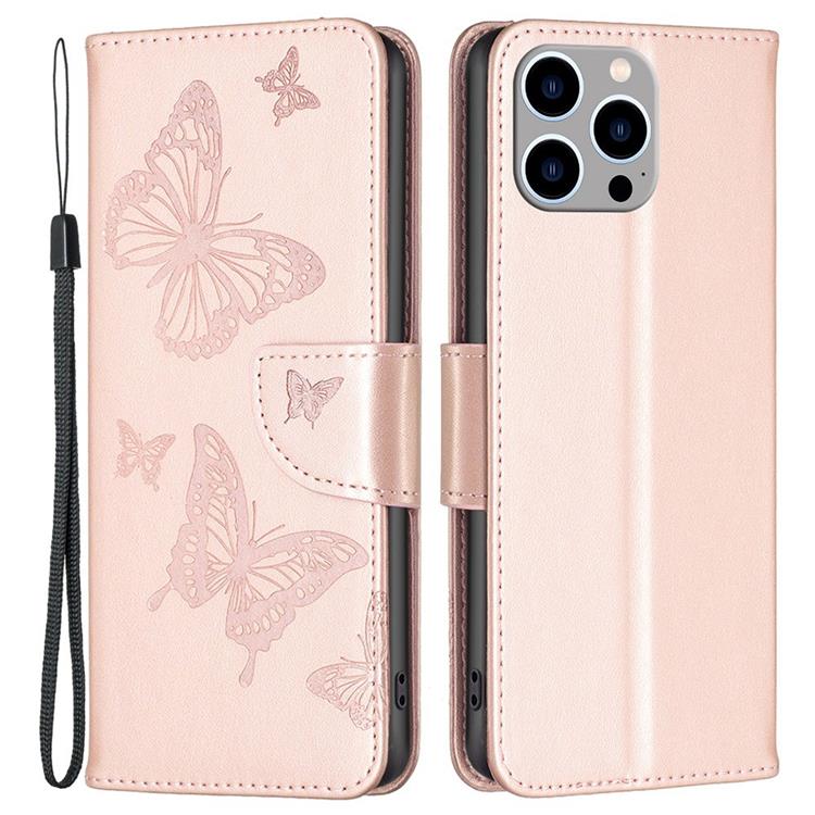 OEM iPhone 14 Pro Plånboksfodral Butterflies Imprinted - Rosa Guld