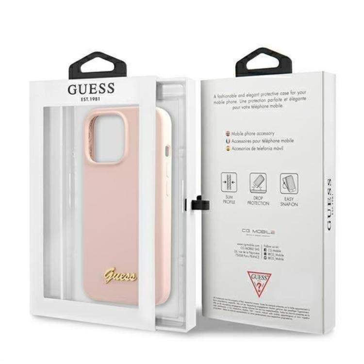Guess Guess iPhone 13 Pro Skal Magsafe Silicone Script Guld Logo - Rosa