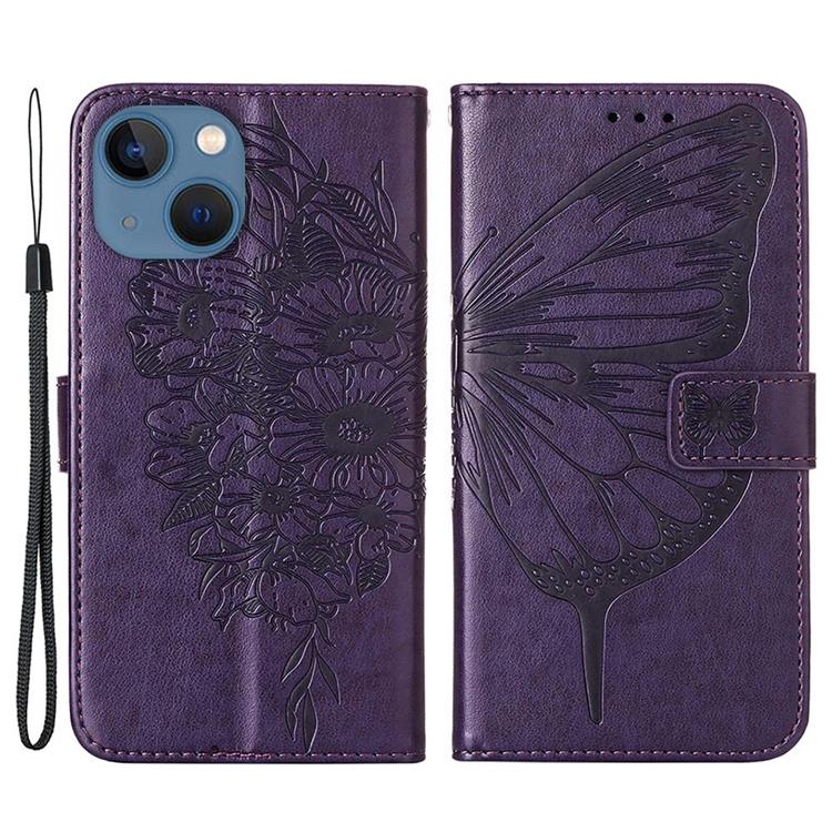OEM iPhone 14 Plus Plånboksfodral Butterfly Flower Imprinted - Lila