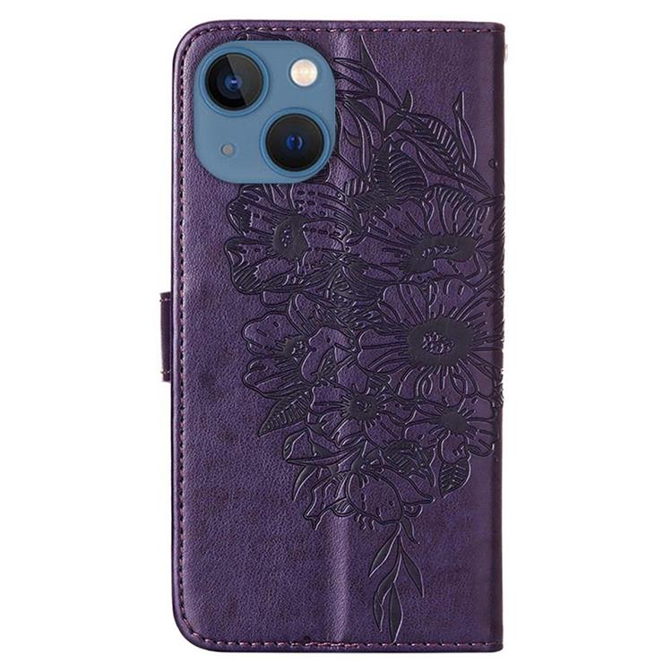 OEM iPhone 14 Plus Plånboksfodral Butterfly Flower Imprinted - Lila