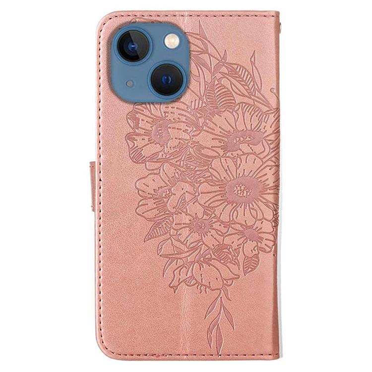 OEM iPhone 14 Plus Plånboksfodral Butterfly Flower Imprinted - Rosa Guld
