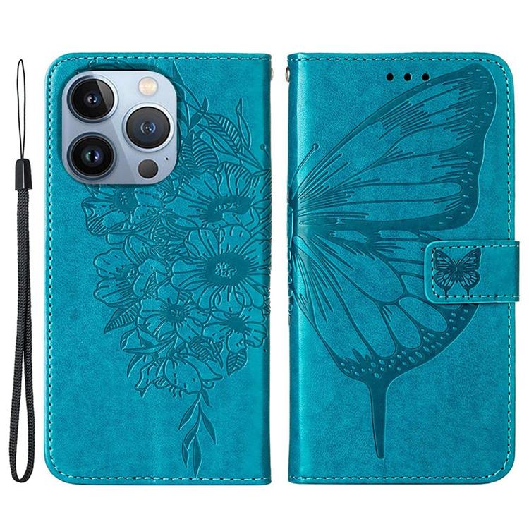 OEM iPhone 14 Pro Max Plånboksfodral Butterfly Flower Imprinted - Blå