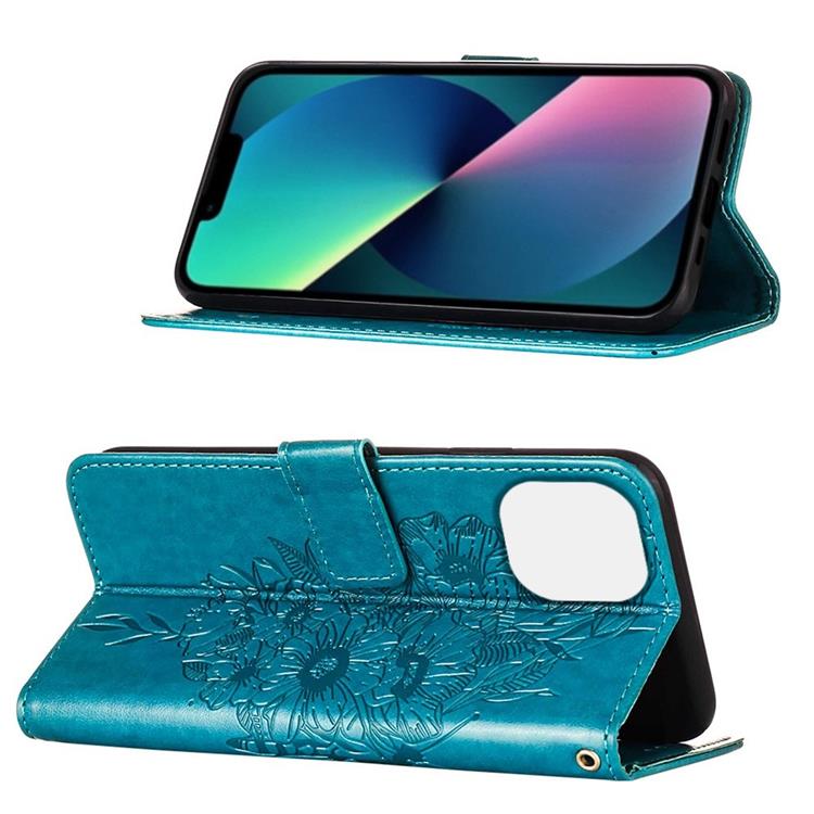 OEM iPhone 14 Plus Plånboksfodral Butterfly Flower Imprinted - Blå