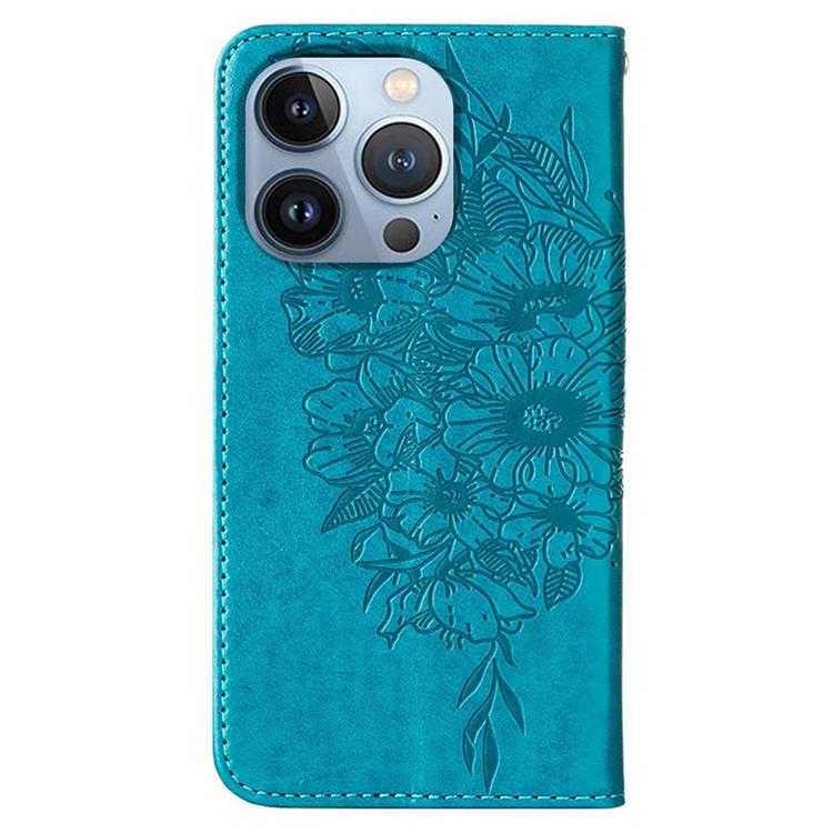 OEM iPhone 14 Pro Max Plånboksfodral Butterfly Flower Imprinted - Blå