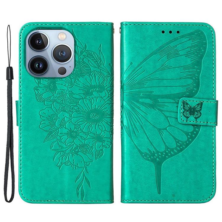 OEM iPhone 14 Pro Plånboksfodral Butterfly Flower Imprinted - Grön
