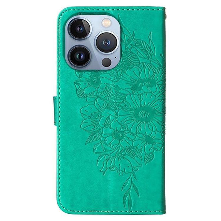 OEM iPhone 14 Pro Plånboksfodral Butterfly Flower Imprinted - Grön