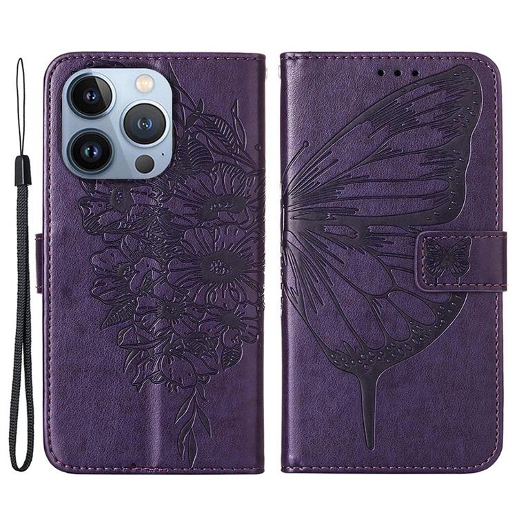 OEM iPhone 14 Pro Max Plånboksfodral Butterfly Flower Imprinted - Lila