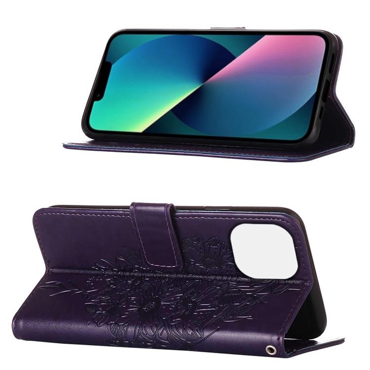 OEM iPhone 14 Pro Max Plånboksfodral Butterfly Flower Imprinted - Lila