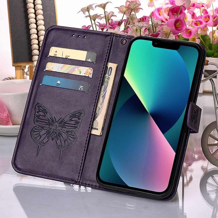 OEM iPhone 14 Pro Max Plånboksfodral Butterfly Flower Imprinted - Lila