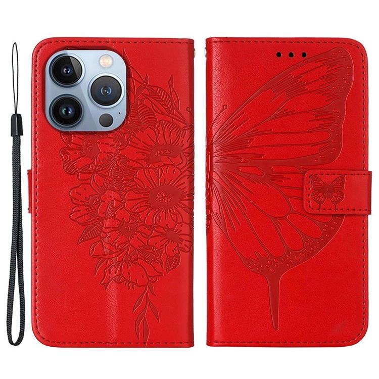 OEM iPhone 14 Pro Max Plånboksfodral Butterfly Flower Imprinted - Röd