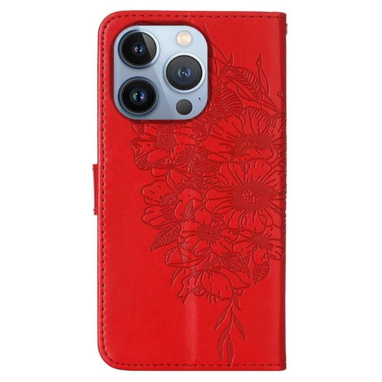 OEM iPhone 14 Pro Max Plånboksfodral Butterfly Flower Imprinted - Röd