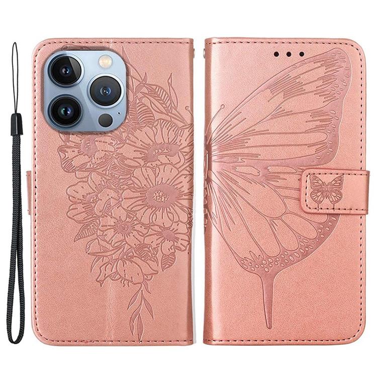 OEM iPhone 14 Pro Max Plånboksfodral Butterfly Flower Imprinted - Rosa Guld