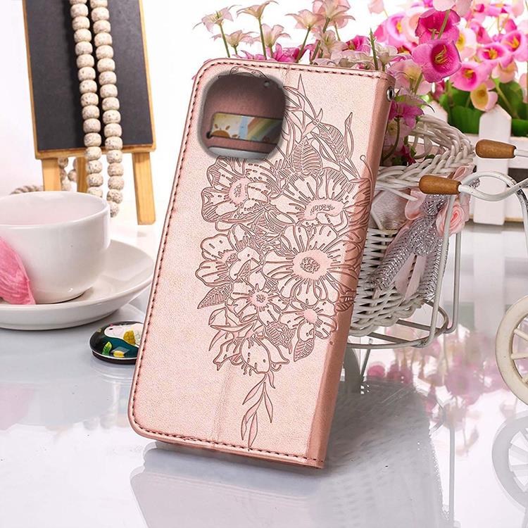 OEM iPhone 14 Plus Plånboksfodral Butterfly Flower Imprinted - Rosa Guld