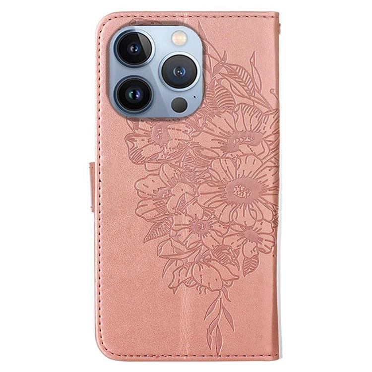 OEM iPhone 14 Pro Max Plånboksfodral Butterfly Flower Imprinted - Rosa Guld